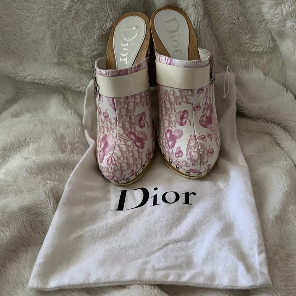 Dior Pink and White Mules with Floral Embroidery